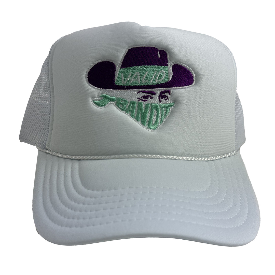 Bandit White Trucker Hat W/ Purple and Mint Stitch